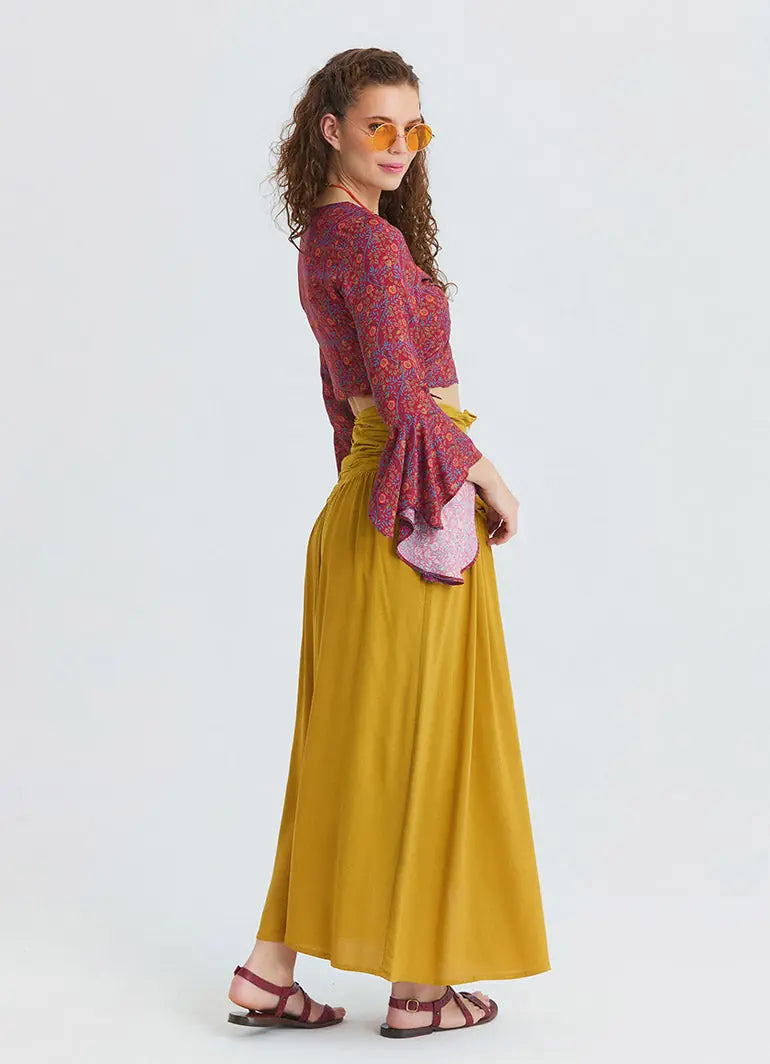 Drape Detaylı Yırtmaçlı Hardal Uzun Etek 7235