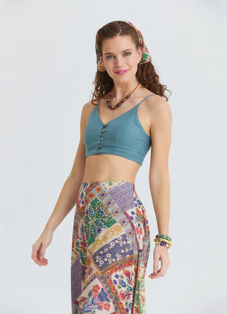 İnce Askılı Düğme Detaylı Mavi Crop Bluz 7246
