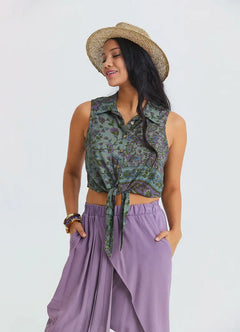 Shirt Collar Asymmetrical Cut Agora Crop Blouse 7293