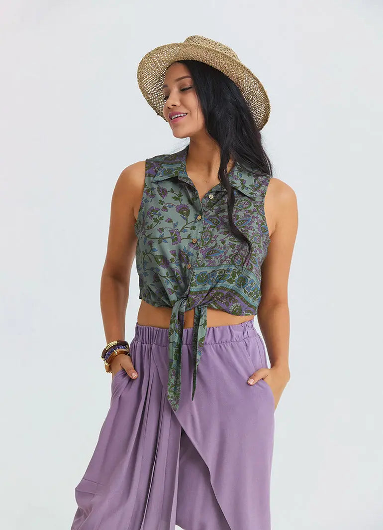 Gömlek Yaka Asimetrik Kesim Agora Crop Bluz 7293