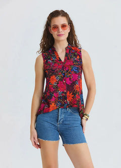 Shirt Collar Asymmetrical Cut Red Floral Blouse 7217