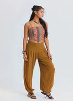 Rahat Kesim Paçası Büzgülü Camel Kadın Yüksek Bel Pantolon 7183