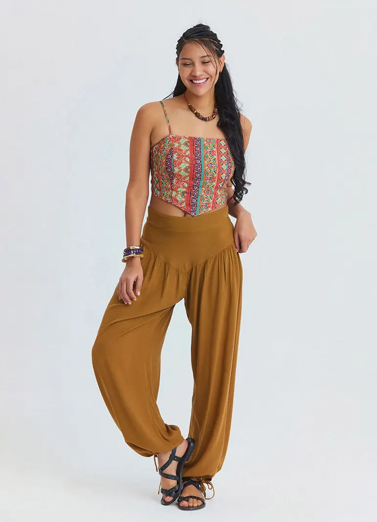 Rahat Kesim Paçası Büzgülü Camel Kadın Yüksek Bel Pantolon 7183