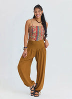 Rahat Kesim Paçası Büzgülü Camel Kadın Yüksek Bel Pantolon 7183
