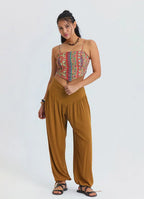 Rahat Kesim Paçası Büzgülü Camel Kadın Yüksek Bel Pantolon 7183