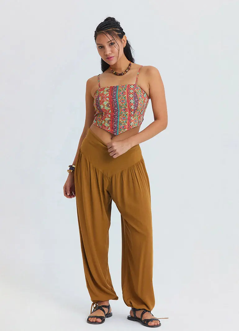 Rahat Kesim Paçası Büzgülü Camel Kadın Yüksek Bel Pantolon 7183