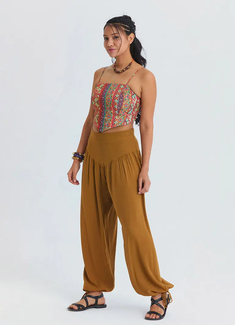 Rahat Kesim Paçası Büzgülü Camel Kadın Yüksek Bel Pantolon 7183