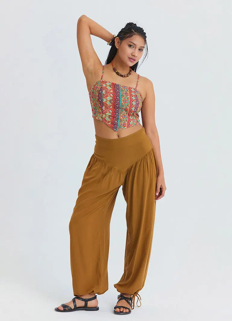 Rahat Kesim Paçası Büzgülü Camel Kadın Yüksek Bel Pantolon 7183