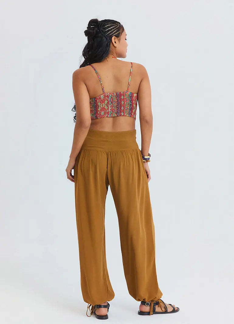 Rahat Kesim Paçası Büzgülü Camel Kadın Yüksek Bel Pantolon 7183