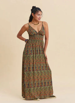 V-Neck Backless Green Floral Dress 7152