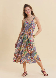Beige Floral Maxi Dress with Spaghetti Straps and Full Button Detail 7159
