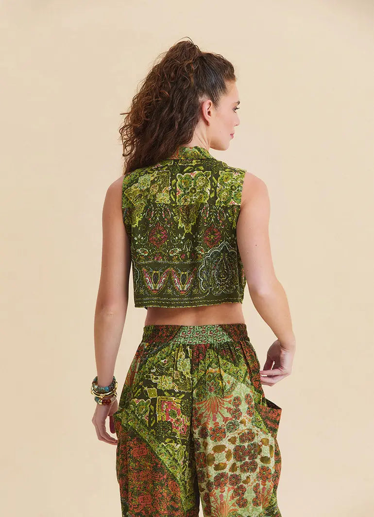 Gömlek Yaka Asimetrik Kesim Yeşil Crop Bluz 7294