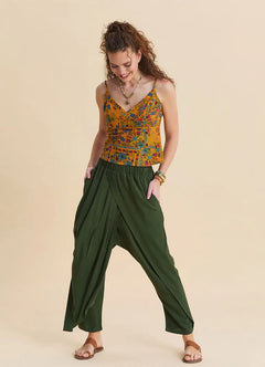 Elastic Waist Wrap-Detail Khaki Women's Bohemian Trousers 7175
