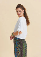 Kayık Yaka Yarım Kollu Büzgülü Beyaz Crop Bluz 7303