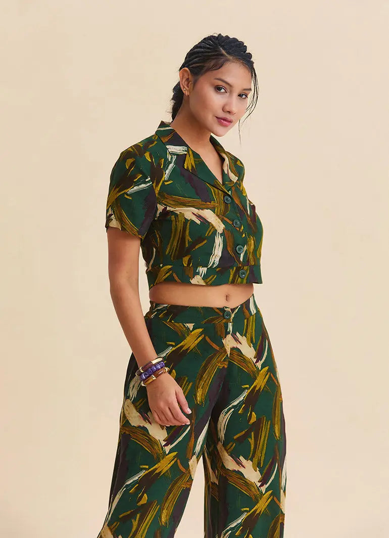 Gömlek Yaka Düğmeli Haki Crop Bluz 7282