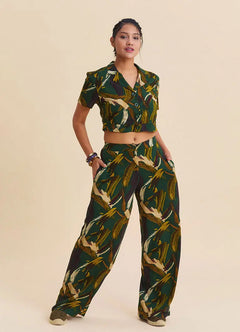 Regular Waist Button-Down Khaki Women's Palazzo Trousers 7275