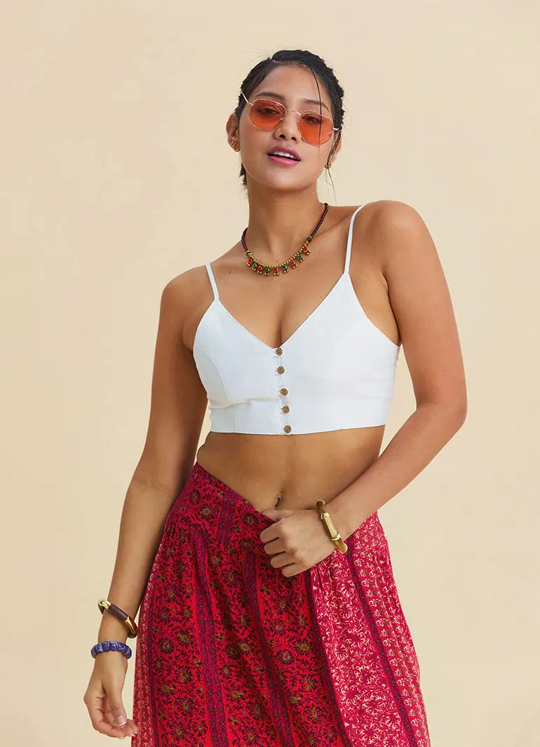 İnce Askılı Düğme Detaylı Beyaz Crop Top 7248