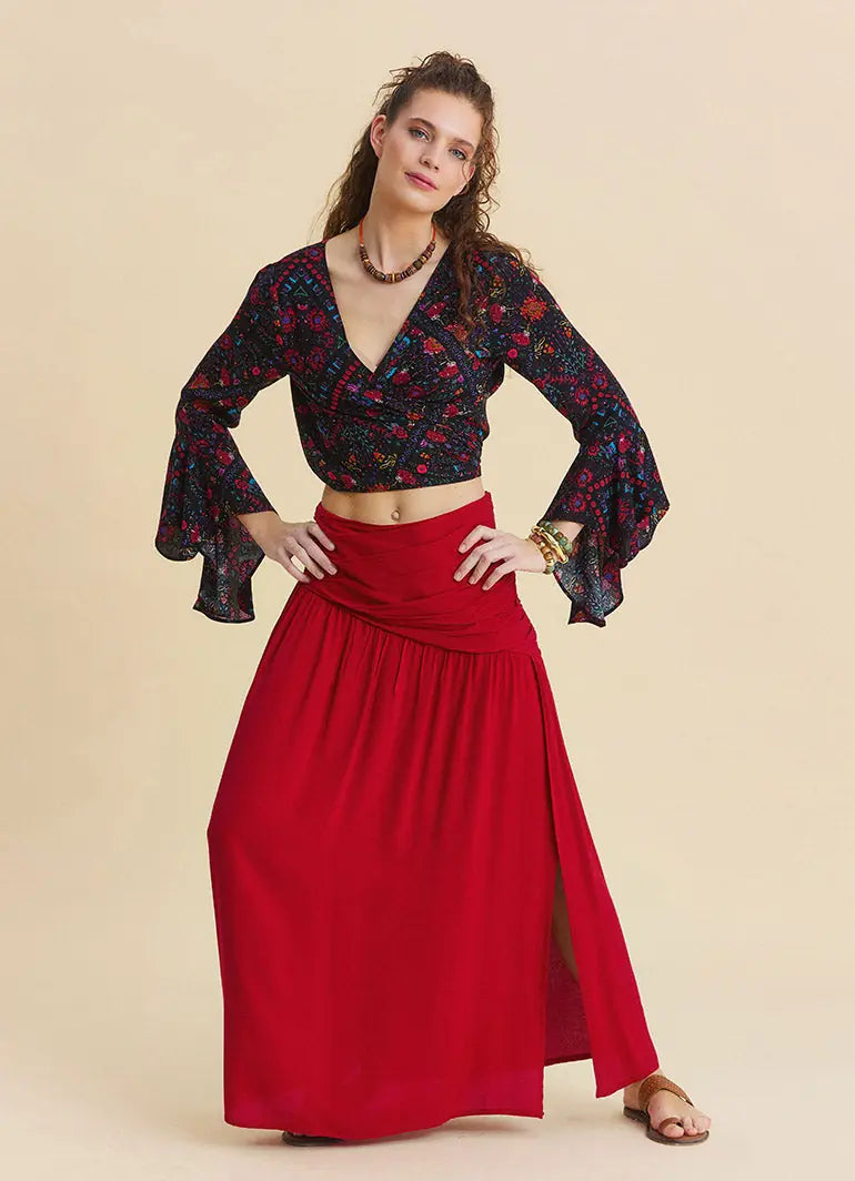 Drape Detaylı Yırtmaçlı Kırmızı Salaş Etek 7236