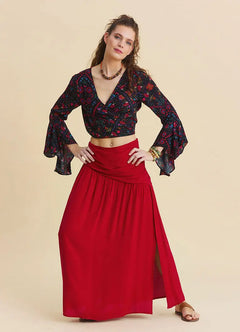 Draped Detail Slit Loose Red Skirt 7236