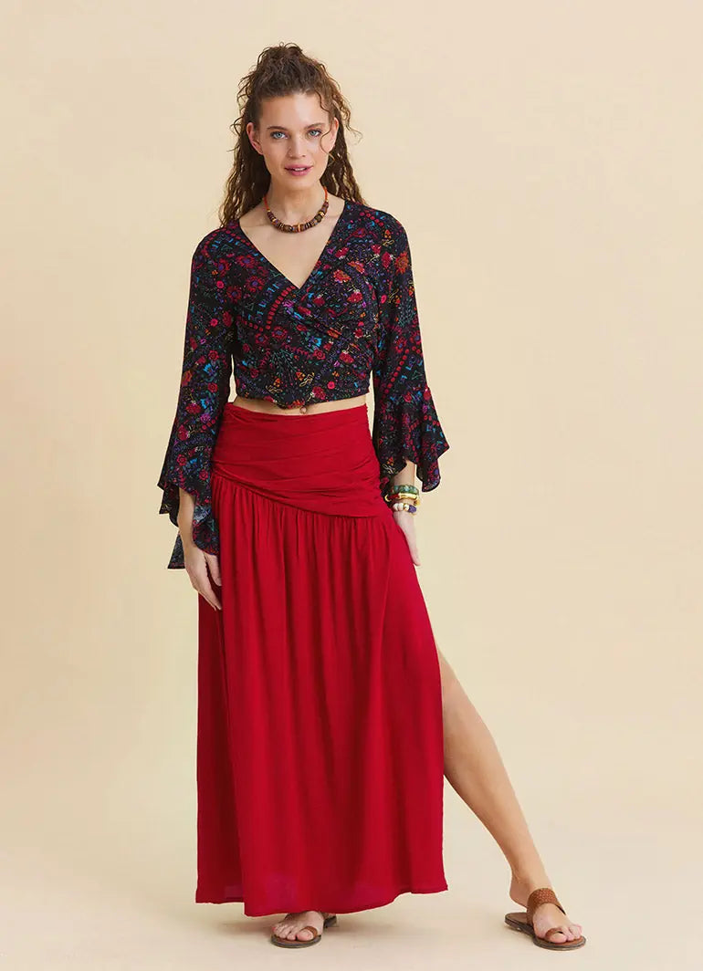 Drape Detaylı Yırtmaçlı Kırmızı Salaş Etek 7236