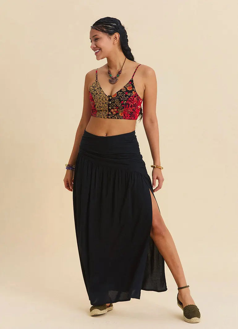 Drape Detaylı Yırtmaçlı Siyah Bohem Etek 7237