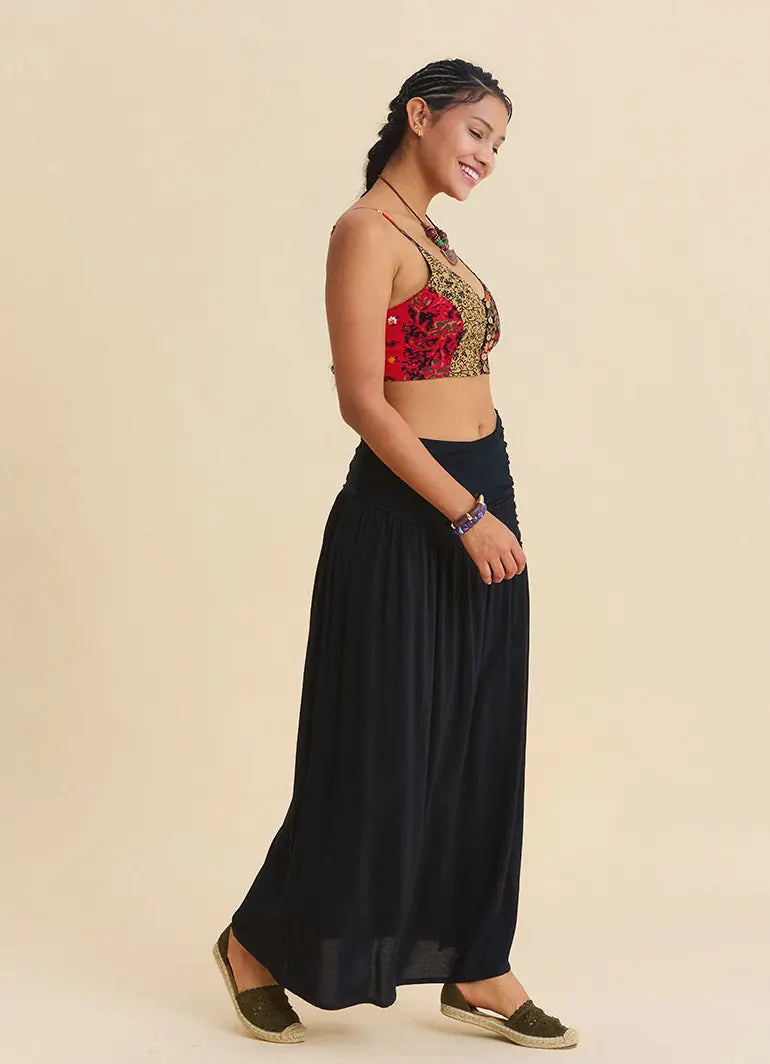 Drape Detaylı Yırtmaçlı Siyah Bohem Etek 7237