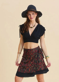 Double-Layer Wrap-Around Black Ethnic Skirt 7297
