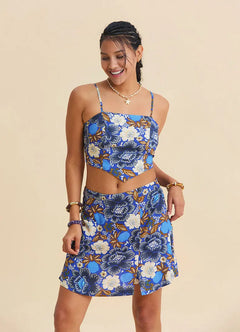 Adjustable Strap Elastic Back Blue Crop Blouse 7270