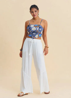 Women's White Viscose Trousers with Tie-Waist, Ruffle Detail, and Pockets 7191