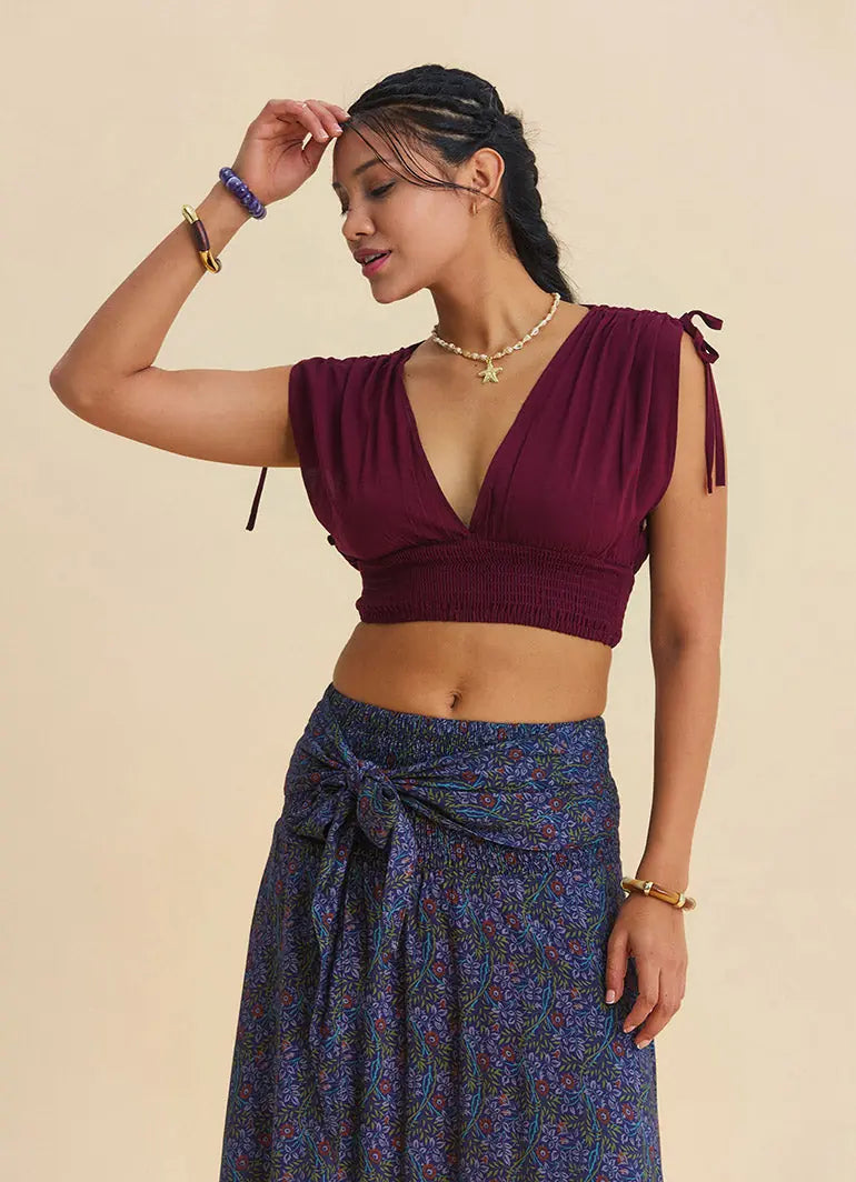 Derin V Yaka Beli Gipeli Bordo Crop Bluz 7263