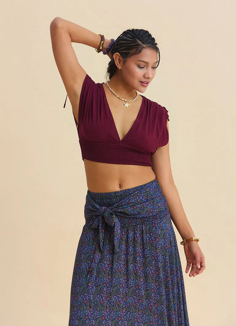 Derin V Yaka Beli Gipeli Bordo Crop Bluz 7263