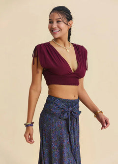 Derin V Yaka Beli Gipeli Bordo Crop Bluz 7263