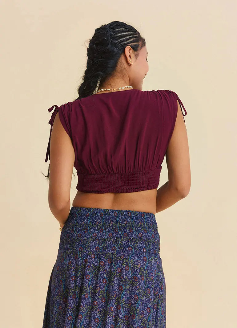 Derin V Yaka Beli Gipeli Bordo Crop Bluz 7263