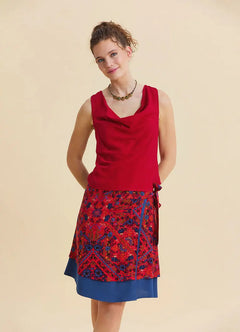 Draped Neckline Crisscross Backless Red Summer Blouse 7317