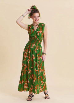 Green Ethnic Wrap-Front Dress with Elastic Waist 7138