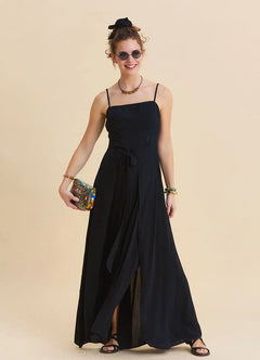 Spaghetti Strap Tie-Back Side Slit Black Maxi Dress 7132