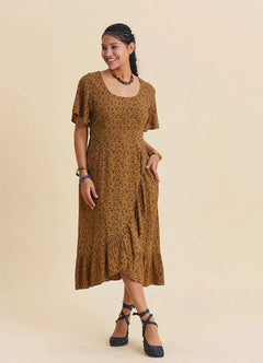 U-Neck Double-Breasted Ruffled Mustard Floral Dress 7280