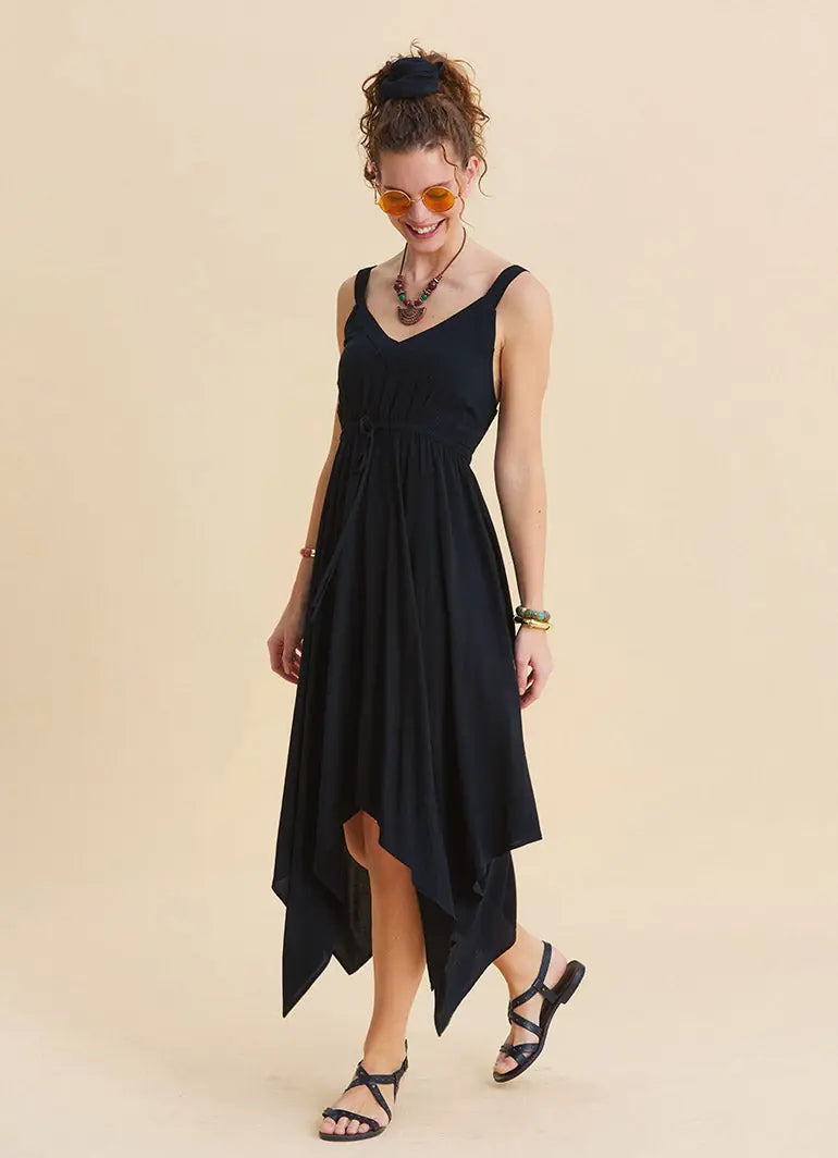 Askılı Beli Lastikli Siyah Yazlık Elbise 7145