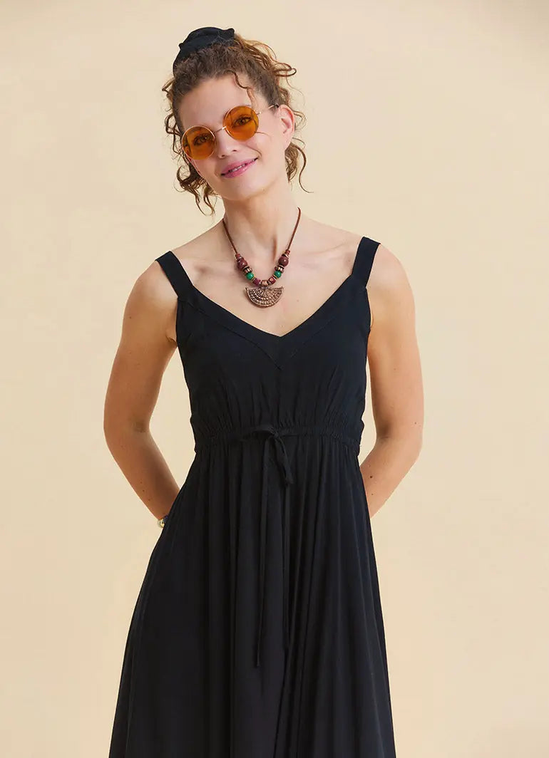 Askılı Beli Lastikli Siyah Yazlık Elbise 7145
