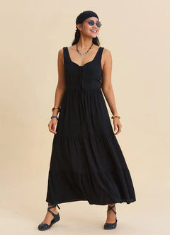 Wide Neck Front Lace-Up Black Maxi Dress 7153