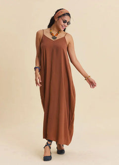 Wide Neck Thin Strap Brown Casual Dress 7144