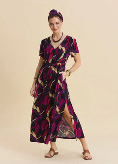 V-Neck Slit Lace-Up Fuchsia Casual Dress 7288