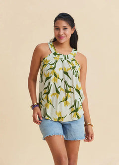 Halter Neck Button Detail Pleated Anita Patterned Sleeveless Blouse 7223
