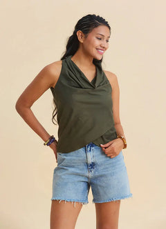 Bohemian Style Cowl Neck Authentic Khaki Blouse 4974