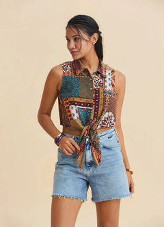 Shirt Collar Asymmetric Cut Petrol Sleeveless Blouse 7291