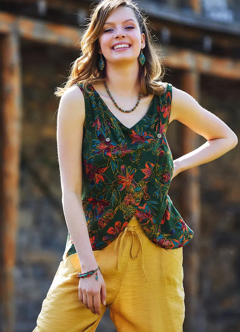 Yeşil Kolsuz Düğmeli Kadın Bluz 3292