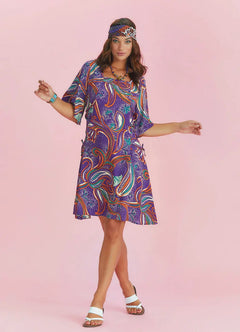 Side-Tie Square Neck Patterned Purple Dress 6575