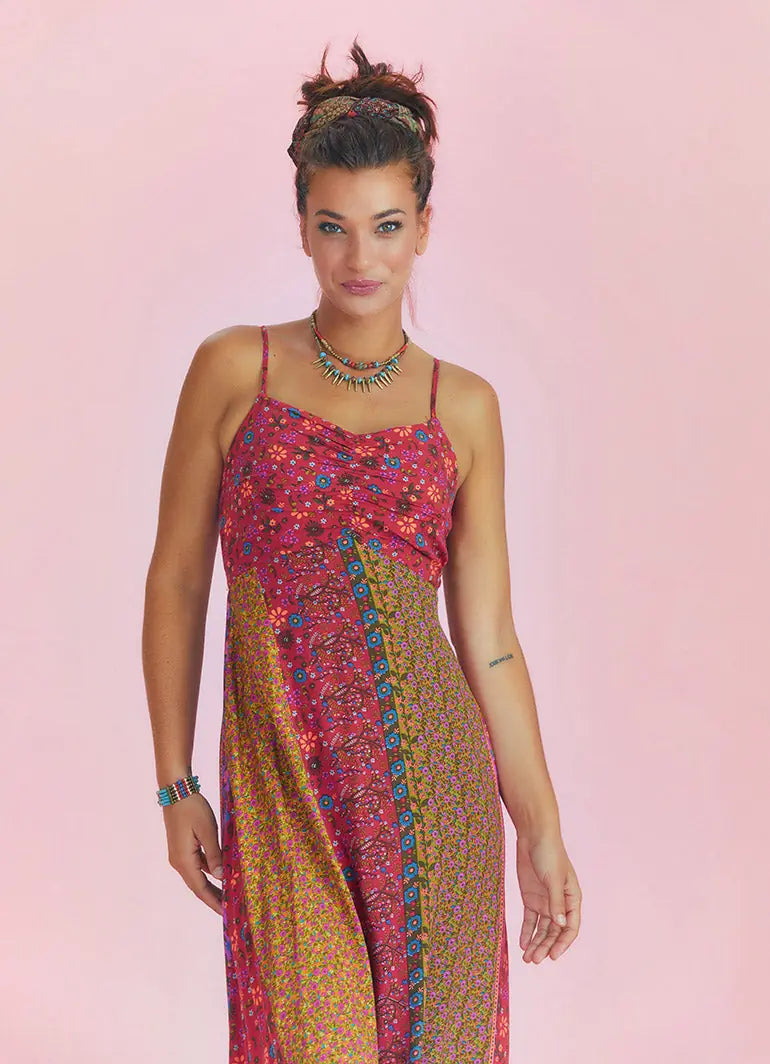 İnce Askılı Çiçekli Yazlık Uzun Patchwork Elbise 5280