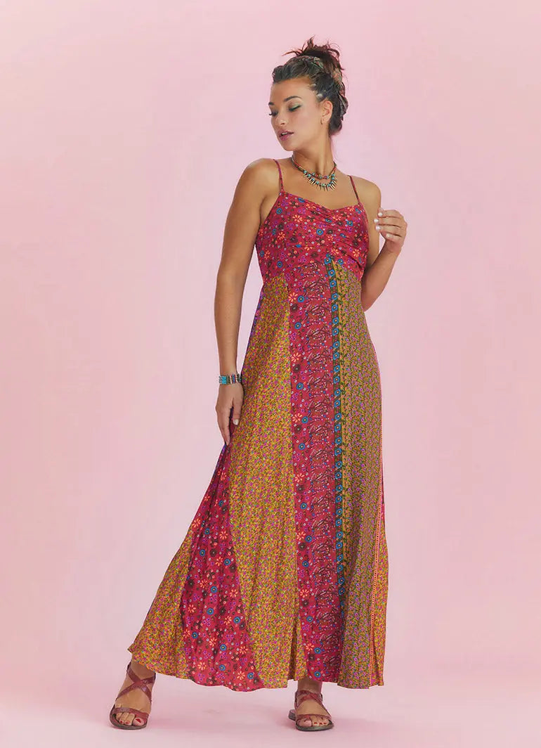 İnce Askılı Çiçekli Yazlık Uzun Patchwork Elbise 5280