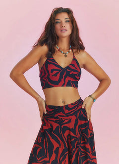 Open Back Halter Neck Red and Black Crop Blouse 6254
